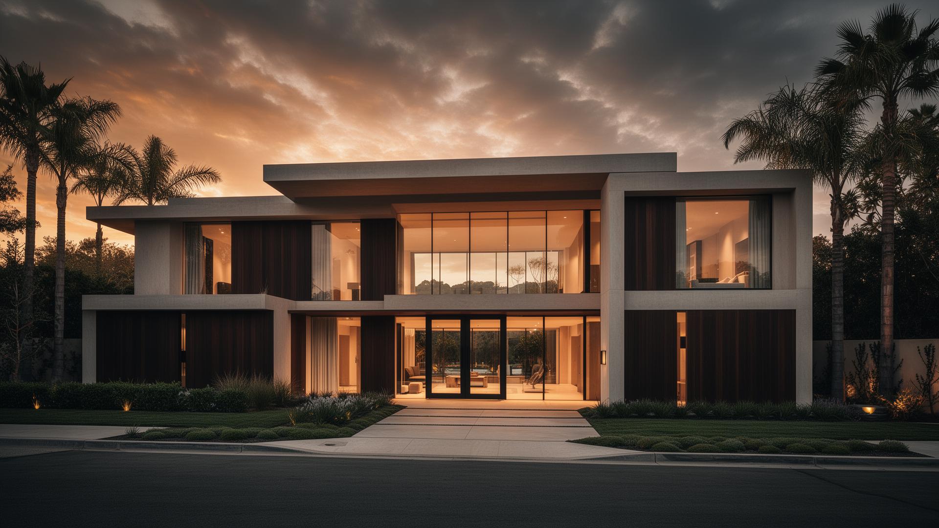 Modern California home at golden hour